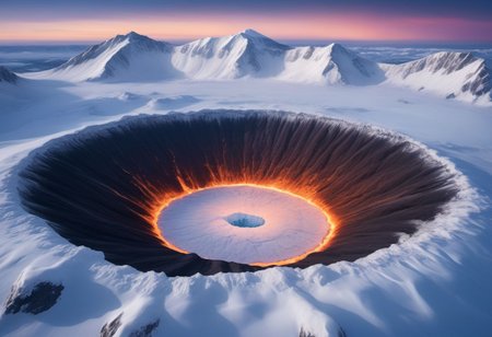 Crater's Winter Veil: Aerial view of a volcanic crater covered in snow and ice, deers, wolves, foxes are moving all together towards the crater. Aurora borealis in the day sky, The winter landscape is pristine and serene, highlighting the beauty and harshness of nature. Use the aerial perspective to showcase the scale and majesty of the volcano, set against the peacefulness of the snowy surroundings.