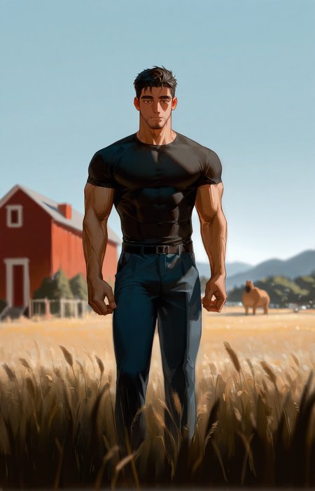 <lora:Random_style_lora_Illustrious:1>, ((rtxon, scenry, depth of field, wide shot, farm)), man, ,, masterpiece,best quality,amazing quality,very aesthetic,high resolution,ultra-detailed,absurdres,
solo, male focus, muscular male, muscular male, bara, mature, (very short hair, beard, bara, mature, facial hair, stubble), facial hair, bara, mature,
aixiwuganda_(20222192), very awa, masterpiece, best quality, absurdres, newest, perfect quality, detailed background, intricate details,
<lora:slider_Body Type_alpha1.0_rank4_noxattn_last:2><lora:style_Anime Summer Days 2 Style SDXL_LoRA_Pony Diffusion V6 XL:.6><lora:slider_cfg_scale_boost:.7><lora:Artist6p:.55> Artist6p, Artist04p,<lora:slider_il_brightness_slider_d1:-1><lora:slider_il_contrast_slider_d1:-1><lora:slider_DarkSlider1.2_alpha1.0_rank16_full_300steps:-.6>