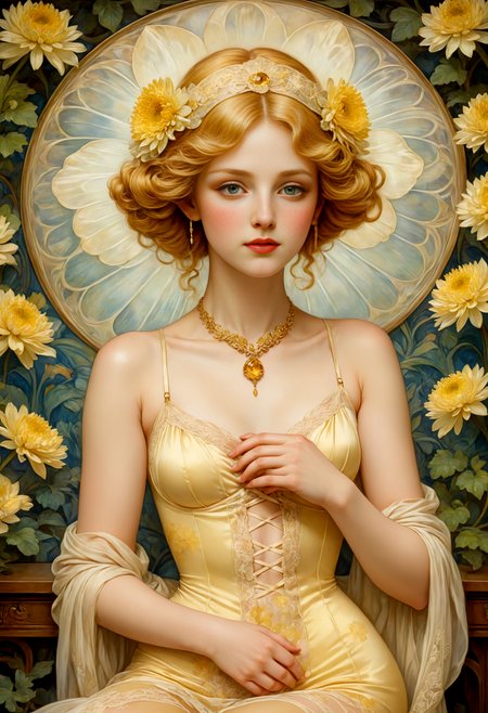 A full-body oil painting A French Maiden in the Belle Époque Embracing the elegance of the ((Art Nouveau)) era, she embodies the grace of a tender chrysanthemum with (tender curls adorned with pale yellow highly revealing transparent laces), eyes aglow with pride, ((embellishing blush)), (white translucent skin, pale skin, royal fair, porcelain white like skin, with a hint of freckles) ((dressed in her skimpy attire tailored for visual delight)), featuring delicate pale yellow fabrics and intricate (flourished patterns, natural floral ornaments), accessorized with a ((citrine necklace)) and a (tender chrysanthemum-colored velvet full-body veil inspired by Art Deco, lace-embellished and blossoming). Completing her ensemble, she wears (pale yellow silk stockings with garter straps)., ((Intricate Art Nouveau Style)), refined delicacy, subtle allure, intricate precision, mystical and dreamlike, with a focus on mythological and symbolic themes that evoke a sense of mystery and wonder, soft and muted colors that add a sense of subtlety and nuance, precise craftsmanship that showcases a mastery of composition and design, a sense of longing and nostalgia that adds a layer of poignancy, ((Edward Coley Burne-Jones)), Laurits Tuxen, Aubrey Vincent Beardsley. <lora:add-detail-xl:1> <lora:aidmaMidjourneyV6.1-v0.1:0.5> <lora:SDXLFaeTastic2400:0.5>