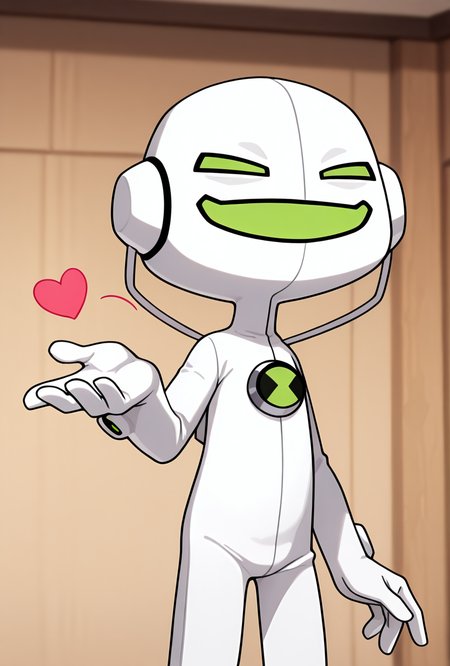 <lora:echoecho-10:1> echoecho, male focus, 1boy, no humans, white bodysuit, green eyes, green mouth, smile,  <lora:FrierenBlowingKissMeme_illusXLNoobAI_Incrs_v1:1> blowing kiss, heart, puckered lips, o3o, masterpiece, best quality, amazing quality, very aesthetic, absurdres, newest,