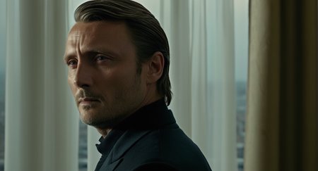 cinematic film still of  <lora:James Bond 007 style:0.9> detailed sharp image of
Le Chiffre Mads Mikkelsen a man looking out of a window with a curtain,solo,looking at viewer,1boy,closed mouth,male focus,facial hair,portrait,realistic,stubble , dramatic light, dramatic shadow light, contrast, cinematic color, cinematic look, filmic, realistic, realism, perfection, perfect, Kodak, Kodak film, movie still, spy film, action themed, espionage, James Bond style, James Bond film style, 007 style, 007 film style, shallow depth of field, vignette, highly detailed, high budget, bokeh, cinemascope, moody, epic, gorgeous, film grain, grainy