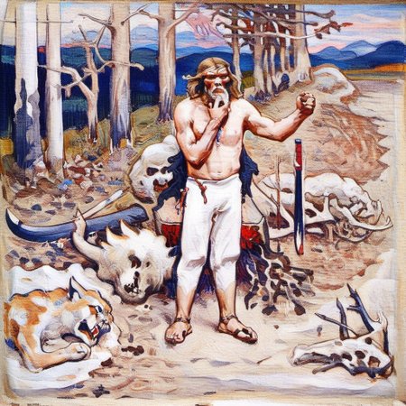 a painting of a man with a lynx, 1boy, male focus, topless male, traditional media, skull, pants, sword, weapon, regret, agk_akseligallen-kallela_-_kalevala