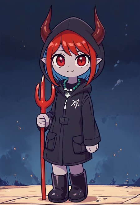 score_9, score_8_up, score_7_up, BREAK
highres, highly detailed, high resolution, high quality, 
source_anime, anime screencap, saturation, vivid colors, 
1girl, solo, luce, full body, standing, demon girl,
(dark red hair:1.2), (big dark red eyes:1.1), medium hair, cute, (grey skin:1.1), (horns:1.2), 
(black raincoat:1.1), hood, black rubber boots, 
pentagram necklace, holding one red trident, (red trident:1.2)
stkyswt,
In the style of TOK,
DSP, artist:DSP, mogeko,
pikaole,
blurry background, bokeh, city ruins background, street, dust, 
(outlines:1.2),