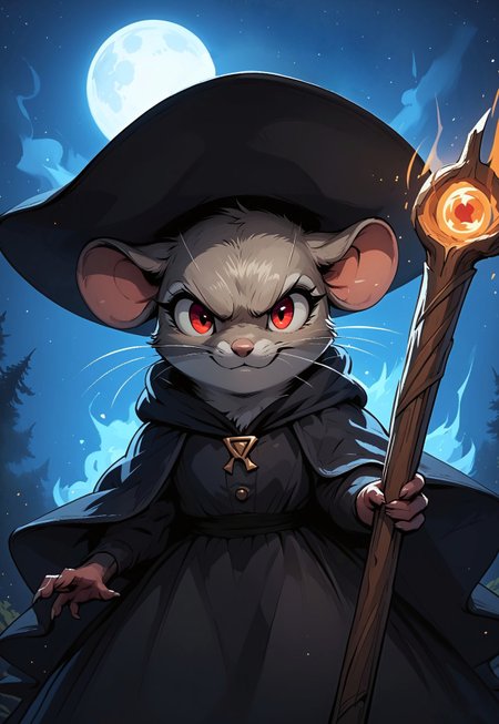 score_9, score_8_up, score_7_up, score_6_up, score_5_up, score_4_up, m0use_maximilla, in the style of Beatrix Potter, cute, (feral:2), red eyes, (black dress), (witch hat:1.3), forest, ((holding magic staff)), (upper body shot), (close up:2), (low angle view:1.5), (look at viewer:1.5), (action pose:), aura, (dark, night, night sky, moon:1.2), simple background,