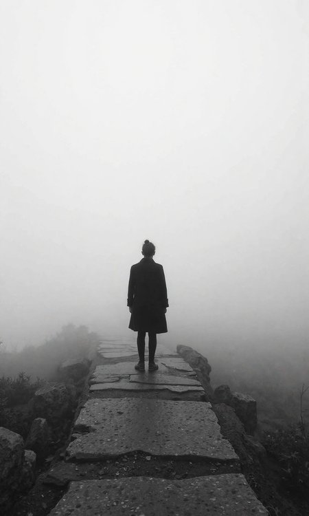 Vertical full shot camera view, grayscale photography style with soft and diffused coloring, a silhouette of a person is appearing from the subject, body pose is standing on a stone pathway with their back to the camera, facing away into a misty distance, the body is positioned at the end of a stone path, looking straight ahead into the heavy mist, the image is made of black and white photo with soft gradients and blurred details due to mist, there are elongated shapes from the stone pathway and the vertical human figure, and undefined misty shapes filling the background, makeup, hairstyle, and makeups are not applicable, clothes are dark coat and pants of the figure in silhouette, and as accessories there are no visible accessories, background is solid white heavy mist filling the sky and horizon, and soft lighting is extremely diffused by the mist, creating a very low contrast scene with minimal shadows, the light source is completely obscured by the mist, resulting in an almost uniform soft illumination, the overall scene is monochromatic and ethereal, emphasizing the sense of isolation and mystery in the dense mist and the solitary figure on the pathway., <lora:FLUX-daubrez-DB4RZ-v2:0.35> DB4RZ, DB4RZ style painting
<lora:MoriiMee_Gothic_Niji_Style__FLUX_LoRA_Test_2:0.35>