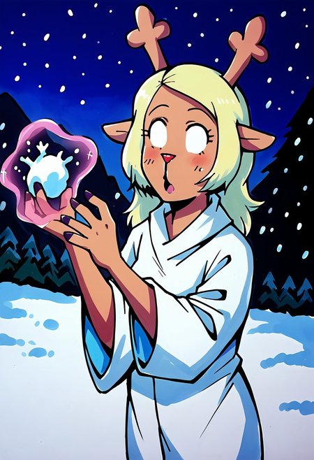 Bpb1,Detailed,Traditional media,Score_9, score_8_up, score_7_up, score_6_up,1girl,solo,( noelle_darkworld:1.2),white robe, deer ears, cowboy shot, outdoors ,night,  dutch angle,ice,snow, (blizzard,blowing snow),anthro reindeer, empty eyes, mouth open,in a transe,levitating, arms raised and extended,(near a giant ice crystal:1.2), magic