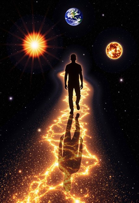 The silhouette of a male person is walking along a trail made of specks of star dust within space. The trail isn't straight. He is the center of the image. He walks past planets that get destroyed in different ways. It should appear like the person walking along the trail is responsible for or at least connected to the destruction of the planets. There are four planets in the image. Two before him and two past him. The two planets before him are exploding or imploding. The two planets behind him are craking open and falling apart.
The image is made in a high-resolution realistic fantasy style. The image should have the qualities of wallpaper. 
masterpiece, 32k,