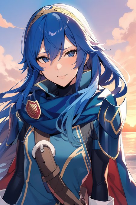 masterpiece, best quality, solo, 1girl, anime coloring <lora:lucina-xl-nvwls-v1-000008:0.9> defLucy, long hair, tiara, cape, shoulder armor, blue tunic, long sleeves, cuffs, blue scarf, fingerless gloves, belt, pants, looking at viewer, furrowed brow, smile, upper body, blue sky, clouds