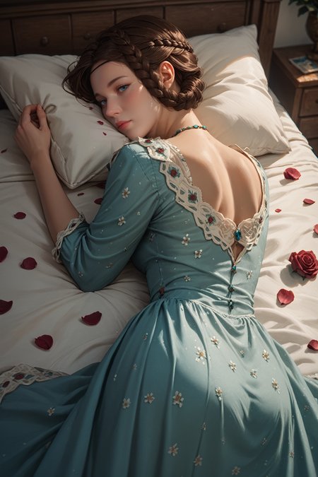 score_9, score_8_up, score_7_up, score_6_up
<lora:KCDStephanie:0.8>
KCDStephanie, 1girl, brown hair, blue eyes, braid, looking at viewer, sleeping in a bed, rose petals, silk dress