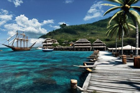 (masterpiece:1.2), (best quality,:1.2), 8k, HDR, ultra detailed, ((photorealistic)), perfect anatomy, pire, ship, pier, over looking a harbor in the caribbean, noon