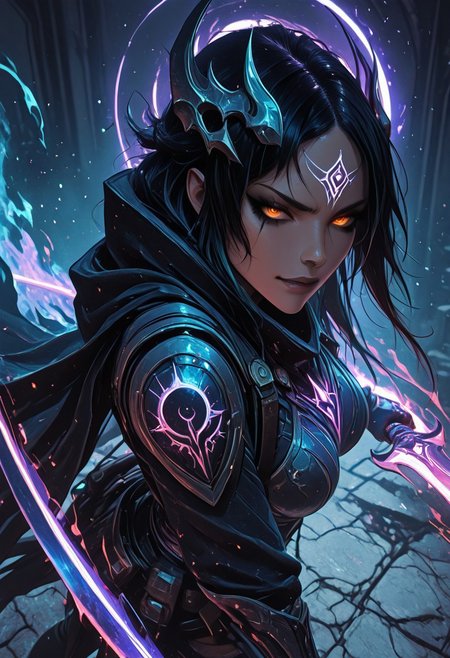 (masterpiece), (best quality), 8k, 1girl, celestial assassin, intense low lighting, glowing crescent blades, purple glow, dual-wielding, shadowed face, glowing eyes, dark eclipse sky behind her, glowing voidlight aura, Void crown, half crescent crown, orange eyes, mystical sigils on ground, long flowing cloak fluttering, sci-fi fantasy armor with celestial patterns, moonlit silhouette, cinematic perspective, ethereal particles, radiant eclipse corona, sleek asymmetrical hairstyle, atmosphere of silent finality, black eyeshadow, Void flames, Burning Cloak, Flaming cloak, 
Action Shot, Slashing blades, Fierce expression, partical effects, dynamic, Dynamic position, Dynamic angle, Combat, intense, intense expression, Anger, half smirk, 
unique angle, unique position, battle stance, in combat, 
Unique, close up, cowboy shot, dutch angle, foreshortening, 
From above, Looking at viewer, Close up, Face Focus,