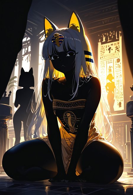 (masterpiece, best quality), (score_9, score_8_up, score_7_up,source_anime), 4K8K, high res image, Uncorrected, white print, lineart print, print, 
from front, body focus, portrait, 
Ankha_(Animal_Crossing), (solo:1.3), 
(animals), silhouette, backlit, backlighting, dark night, Porcelain Mix Gold, pmg style, 
(golden lines, white silhouette skin, Skin like porcelain), 
sitting, bent over, spreading legs, Arms between legs, Porcelain wall, (small stature, petite:1.3), (breasts:1.1), (white hair, verry long hair, cat ears, cat's eyes, Ankha eyes),