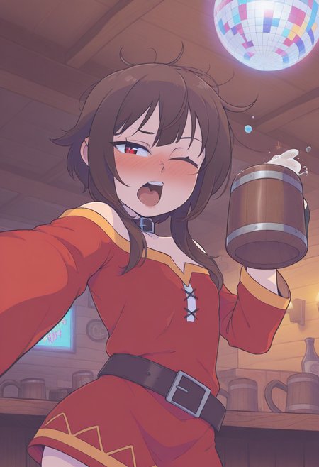 c4yf311style, masterpiece, best quality, solo,                                                                                                     megumin, neon party lights, tavern, disco ball, pov from below selfie,  one eye half closed, holding tankard, drunk, hat, messy hair, burp,