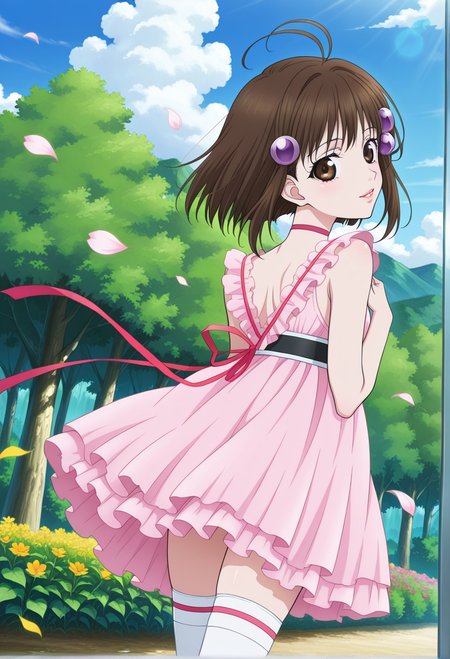 light smile, parted lips, hand on chest, from behind, looking back, flower petals, 
cowboy shot, dynamic angle,
BREAK,
<lora:reala_illustriousXL_v01:0.95>
realadef, brown hair, hair ornament, brown eyes, ahoge, short hair, 
choker, pink dress, frills, ribbon, 
white thigh highs,, source_anime, very aesthetic, anime coloring, masterpiece, 
best quality, amazing quality, ultra detailed, very aesthetic, 
detailed background, 
BREAK,, forest, flowers, clouds, day, floating leaves,