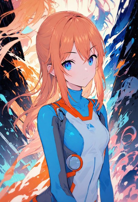 masterpiece, a portrait of a zero suit samus, molly, bright colors,The color palette includes shades of blue, orange, and pink, creating a visually appealing contrast. The overall aesthetic is futuristic and whimsical, with a sense of adventure and fantasy.