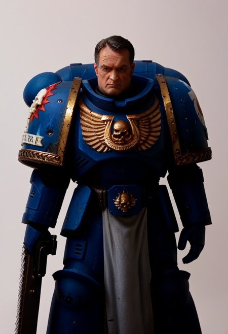 <lora:WH40K_Titus-PONY:0.9> whtitus, mature male, facial scar, black hair, black eyes, solo, ultramarine, emblem, pelvic curtain, pauldrons, power armor, cowboy shot, white background, absurdres, score_9_up, score_8_up, score_7_up, score_6_up, score_5_up, score_4_up, Source: Warhammer40K, chainsword