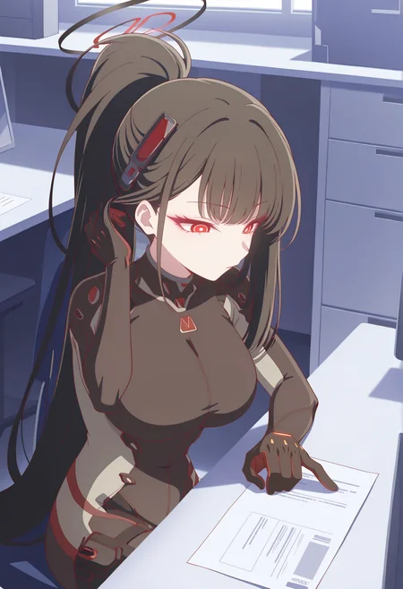 solo, 1girl, halo, very long hair, black hair, blint bangs, ponytail, red eyes, symbol-shaped pupils, hair ornament, bodysuit, sitting, indoors, hand on hair, desk, indoors, office, pointing down, pointing at paper, <lora:Rio_Bodysuit:1>, masterpiece, best quality, amazing quality, very aesthetic, absurdres, highres, newest