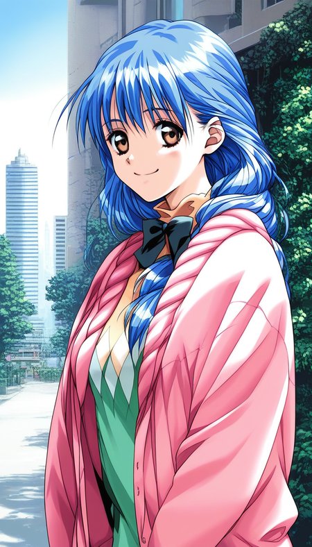 score_9, score_8_up, score_7_up, source_anime, rating_explicit, BREAK  <lora:Yasuda_Azumi_XL:1> Yasuda_Azumi, blue hair, long hair,  bangs, brown eyes, medium breasts, 
headwear removed, smile, pink jacket,  
jacket, upper body, bow, pink sweater, long sleeves, shirt, argyle, black bow, 
building, sky, tree,
looking at viewer,