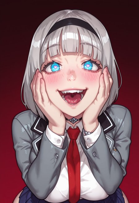 4k, fine detail, high quality eyes, masterpiece, best quality, amazing quality, newest, CG, illustration, very aesthetic, high resolution, geh1, 4s0r4, eigaka, possmach, artist:moriimee, 1 girl, solo girl, large breasts, Anna_Nishikinomiya_LW,  choker, short hair, grey hair, black hairband, blue eyes, bangs, school uniform, pleated skirt, red necktie, white shirt, open shirt, collared shirt, grey blazer, colored lapels, black lapels, blue skirt, mini skirt, portrait, upper body, yandere trance, yandere, hands on own cheeks, hands on own face, crazy eyes, crazy smile, crazy, heart-shaped pupils, glowing eyes, symbol-shaped pupils, hand on own face, open mouth, glowing, blush, looking at viewer,