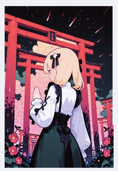 masterpiece, best quality,
(from behind, back shot),
pastel cyan eyes, blonde hair, multi colored hair, long hair, hair ornament, twintale, colored inner hair,
small breasts, 
white shirt, frills, long sleeves, dark black green skirt, center frills,
frilled skirt, high-waist skirt, puffy long sleeves, black bow, collared shirt, puffy sleeves, laced sleeves ,

1girl, solo, upper body,
praying, many flowers in background,
  

simple gradient lapis lazuli  background with thick white border,

layered thick symmetrical clouds,
((many ruined japanese red torii gates in background)), (light particles, many shooting starts),

flat vector illustration, fl4t,

