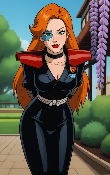 score_9, score_8_up, score_7_up, looking at viewer,  BREAK
BlackArmor_FoxXanatos_ownwaifu, 
1girl, eye mask, facial tattoo, green eyes, long hair, orange hair, lipstick, makeup, red lips, collarbone,  breasts, lips
black armor, ninja, shoulder armor, black choker, black dress, fingerless gloves, pantyhose, black gloves, black nails, jacket,
(leaning forward, arms behind back), cowboy shot, garden, wisteria, outdoors, <lora:PONYXL_Gargoyles_FoxXanatos_ownwaifu:0.85> , depth of field, solo,