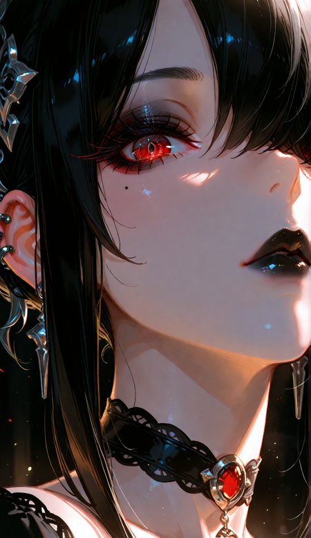 1girl, solo, looking at viewer, black hair, sidelocks, hair over one eye, red eyes, lips, makeup, black choker, lipstick, eyeshadow, gothic, makeup, black lips, eyeshadow, dark theme, face focus, close up, hair ornament, piercings, particles, Show less BREAK masterpiece, best quality, good quality, newest, highres, absurdres,  very awa, very aesthetic, volumetric lighting, ambient occlusion, raytracing BREAK masterpiece, best quality, good quality, newest, highres, nsfw, raytracing, uncensored, very aesthetic,  amazing quality,ultra-detailed,8K,illustration, ultra-detailed-eyes, detailed background, detailed pupils, eyelashes, long eyelashes