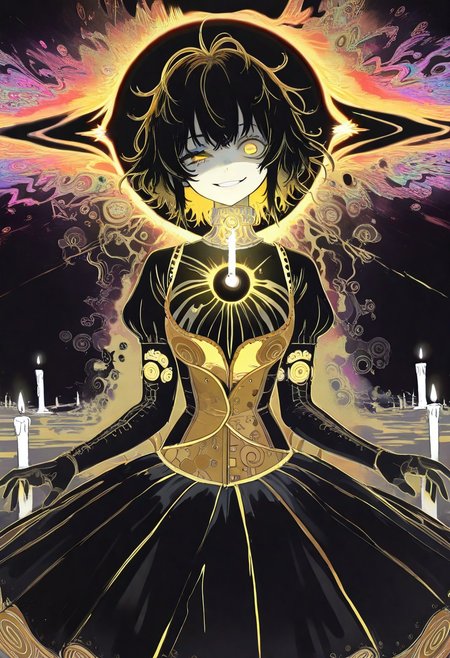 masterpiece, best quality, good quality, very awa, newest, highres, absurdres, solo, 
1girl, solo, short hair, yellow eyes, black hair, messy hair, 
gesugao, wide smile, uneven eyes, 
magical girl dress, yellow steampunk dress, metal collar, 
candle,  black hole, limited palette, sketch, glowing, psychedelic,