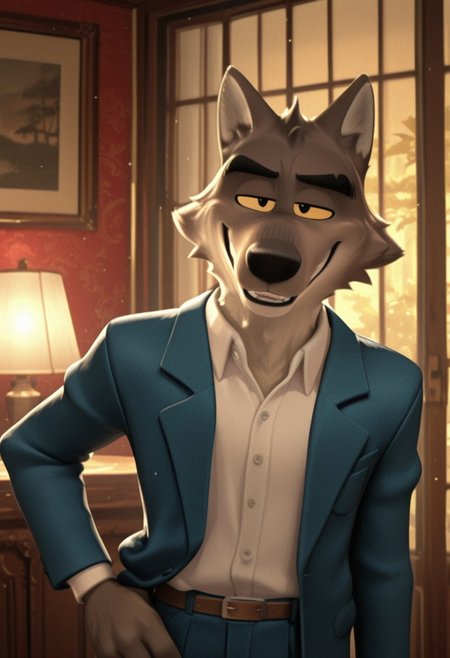 masterpiece, best quality, high quality, detailed, male, solo male, MrWolf, 1boy, mature male, anthro, wolf, grayish brown body, black eyes, yellow sclera, colored sclera, animal ears, broad shoulders, athletic build, light underbelly, thick eyebrows, standing, half body, indoors, looking at viewer, smiling, half lidded eyes, white shirt, blue suit, one hand on hip, suave, volumetric lighting
