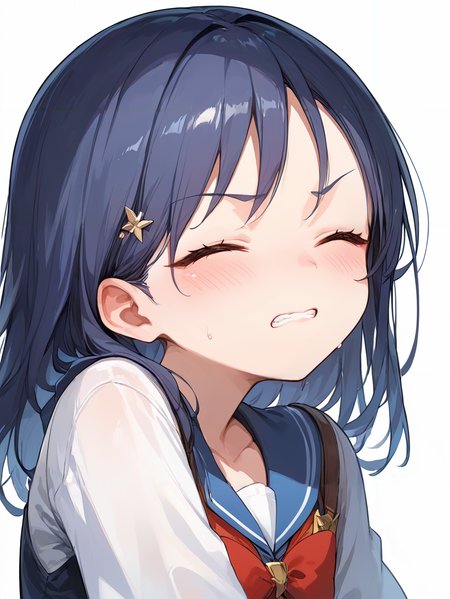 score_9, score_8_up, score_7_up,source_anime, high res image,masterpiece,best quality,(girl:1.0),cute face,clear skin,shiny hair,ultra detailed eyes,simple background, <lora:clenched teeth_pony_V1.0:1> clenched teeth, blush, sweat,closed eyes