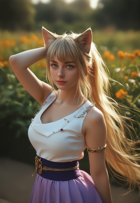 safe_pos, 1girl, solo, 23 yo, beauty face, looking at viewer, long hair, ((light brown hair)), long hair, dynamic pose
best quality, depth of field, bokeh, (((full clothed))), score_9, score_8_up, score_7_up, score_6_up,  1girl, gorgeous girl, cute face ,beautiful eyes, 
((photorealistic quality))
semi-realistic, blonde, long hair, ponytail, side bangs, white crop top, medium breasts, fox ears, fox tail, cat eyes, purple iris, hide ears, lilac pencil skirt, armlets, slit skirt, purple waist sash, white stockings, half body view, outdoors, garden, standing, gr33n, plant, flower,
(((upper body))), dynamic pose
 (8k uhd:1,4)
 <lora:Dynamic Poses:1>
 <lora:detailed_notrigger:1>