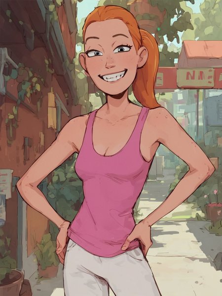 ,  looking at viewer, alien world,<lora:SummerPony1.0:0.7>,summer.smith, orange hair, 1girl, ponytail, solo, pink tank top, white pants, smile,standing,teeth,  score_9, score_8_up, score_7_up, score_6_up