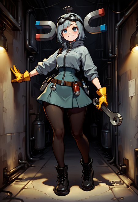 masterpiece, best quality, 1girl, solo,   zzmgnmt,   ,<lora:MagnemitePokedex_IXL:1.0>, narrow waist, wide hips,   1girl, factory background, industrial street fashion, oversized grey jacket, magnet-shaped zipper, utility skirt, metal harness, tool belt, work gloves, goggles on head, black tights, ankle boots, confident smile, oil smudges An industrial-casual look, perfect for a factory-tough girl. Her magnet-shaped zipper stands out, along with a cross-harness made of faux steel plates. Smudged with oil and sparks in the background, she has a rugged charm. A glowing wrench dangles from her belt, subtly shaped like Magnemiteâs eye.