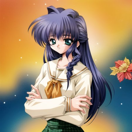 masterpiece, highest quality, high quality, sharp, detailed, scan,
mima haruka, 
1girl, solo, transparent background, long sleeves, long hair, black background, letterboxed, looking at viewer, white school uniform, skirt, green eyes, purple hair, bangs, eyebrows visible through hair, blue bow,