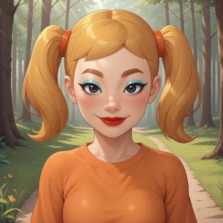 score_9, score_8, BREAK, solo, mii, wii, wii sports, 1girl, female mii, cute, attractive, blonde hair, twintails, dark blonde eyebrows, makeup, blush, blue eyeshadow, red lips, lipstick, orange clothing, white pants, breasts, Nintendo Mii, modern_mii, classic_mii, Midoriya_(OC_Mii), black eyes sexy pose, smile, outdoors, sunlight, shadows, evening lighting, natural lighting, forest, trees, grass, orange sky, sunset