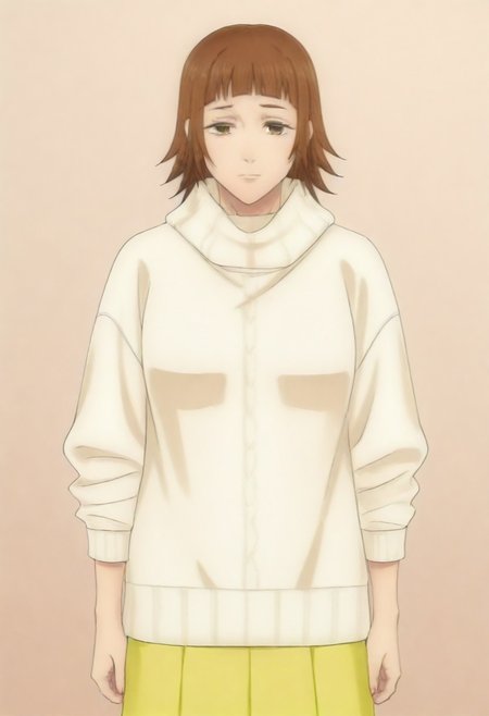 masterpiece, best quality, amazing quality,,, shiny skin,,,,,,,,yuozawa, brown_eyes, brown_hair, short_hair, blunt_bangs,, turtleneck, white_sweater, long_skirt, yellow_skirt,