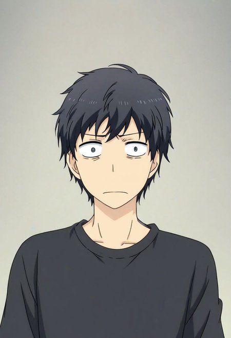 high resolution, solo, best quality, 1Boy, Arata Kaizaki, Black Hair, potrait, dark shirt, looking at viewer, focused gaze forward, simple background, straight body, upper body, head upright, confusion, OverallDetail