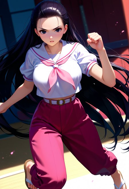 score_9, score_8_up, score_7_up, score_6_up, score_5_up, source_anime,
1girl, solo,
<lora:super_oume_otane:1>, black eyes, hair slicked back, very long hair, black hair,  white serafuku, school uniform, pink neckerchief, pink pants, white belt, sailor collar, short sleeves, sandals:0.5
 shiny skin, sweat, big breasts, upper body, fighting stance,