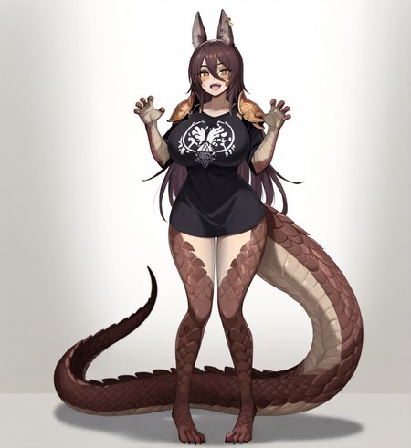 <lora:MIHO:1>,1girl, huge breasts, wide hips, :d, animal ear fluff, animal ears, animal feet, armor, black shirt, brown hair, brown scales, claw pose, claws, collarbone, colored skin, ear piercing, hair between eyes, hands up, long hair, looking at viewer, monster girl, multicolored skin, oversized forearms, oversized limbs, pauldrons, piercing, pigeon-toed, scales, shirt, shoulder armor, smile, solo, standing, tail, teeth, upper teeth only, yellow eyes, 
very awa, masterpiece, best quality, highres, absurdes,amazing quality,very aesthetic,intricate details, <lora:hand 5.5:1>