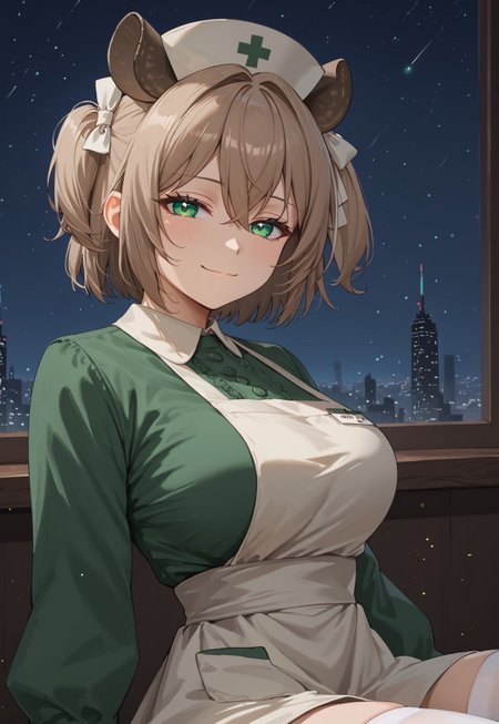 safe_pos, 1girl, solo, solo focus, highres, absurdres, NimiNightmare, nurse cap, green eyes, bangs, animal ears, brown hair, hair between eyes, short hair, one side up,

large breasts, white apron, green dress, long sleeves, collared dress, puffy sleeves, white thighhighs,

looking at viewer, closed mouth, smug, head tilt, from side, 

cityscape, neon lights, window, dark, night, night sky, light particles, backlighting, 