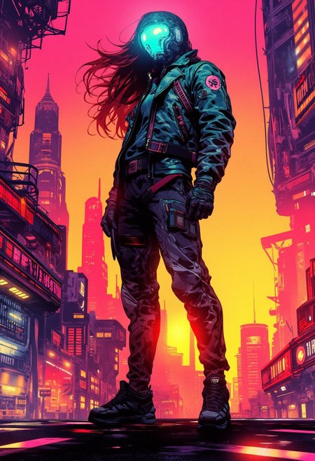 Inkpunk Anime, Abstract digital painting in the style of ck-js, concept art, futuristic, cyberpunk female warrior, reflective helmet, leather jacket, long flowing hair, standing on street of futuristic sci-fi city, towers, domes and skyscrapers, sunset, rule of thirds, perfect lighting, sunset, HD32K, wallpaper, hyperdetailed