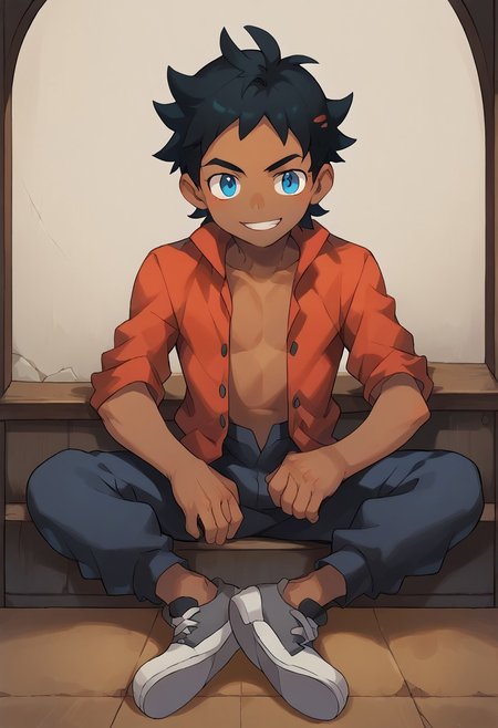 Safe_pos, 8k, score_9, score_9_up, score_9_up, portrait, ((masterpiece)), ((best quality)), ((ultra-detailed)), ((absurdres)), HD, top quality, best quality, amazing quality, High-quality illustrations, dynamic angle, source_anime, best aesthetic, perfect proportions, perfect eyes, perfect anatomy, thick outline, black outline, full body, dynamic pose, male focus, 1boy, (masterpiece), solo, Goh, black hair, blue eyes, dark skin, open open shirt, black open pants, grey shoes, smile, sitting, TAKK, Draugnut, Draugnut style, Big feet, VonBoche