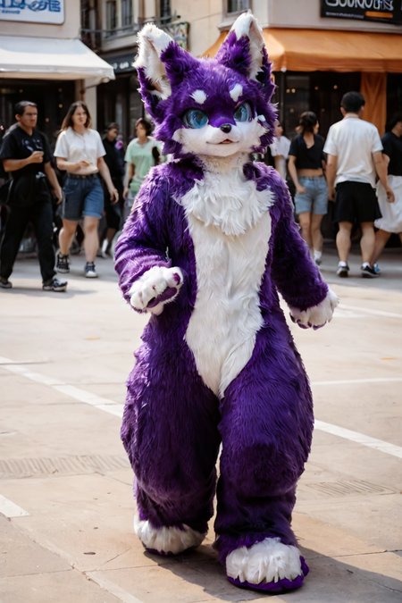 score_9,score_8_up,score_7_up,best quality,amazing quality,very aesthetic,absurdres,official art,intricate details,hyperdetailed,BRAKE,
(furry:1.2),furry fox,(purple and white fur),furry paws,running,crowded street,blue eyes,furry ears,full fur suit,realistic,solo,full body,<lora:FullFurSuitPonyLora:0.85>,