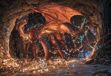 Dragon in Christmas cave, cave, festive cave, Christmas decorations, Christmas lights
(((Sparkling, Sparkly))) glowing dragon, christmas dragon, dragon wrapped in Christmas lights, glowing matrix, glowing Christmas lights, hyper realistic, photorealistic, HD, High detail, High detail eyes, high detail face, wings, glowing wings, light scales, glowing Christmas lights on wings, glowing light scales, tail, tail wrapped in Christmas lights, four legs, 
BREAK 
Snowy background