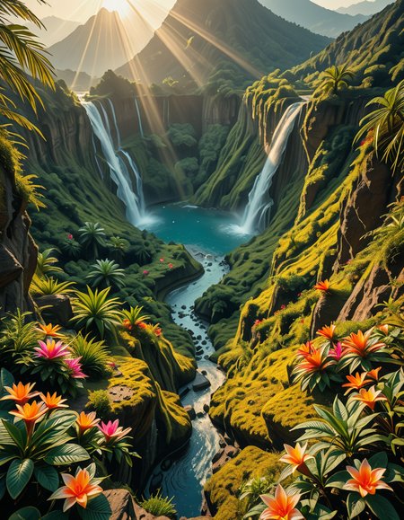 A breathtaking view of an ancient, dormant volcano now transformed into a lush, vibrant natural sanctuary. The crater is filled with dense tropical forests, colorful exotic flowers, cascading waterfalls, and mist swirling gently in the morning light. Vines and moss cover the dark volcanic rocks, and small streams wind down the slopes. while rays of sunlight pierce through the dense canopy, creating sparkling reflections on the water. The atmosphere feels peaceful, enchanted, and untouched by humans. The scene is depicted in an ultra-detailed, hyper-realistic style, with warm, soft lighting and rich, saturated colors that enhance the magical and serene mood of the landscape.
<lora:SDXLFaeTastic2400:0.4> <lora:extremely_detailed:0.4> extremely detailed,dormant v0lc4n0, <lora:dormant_v0lc4n0-i:1>, Masterpiece,best quality,hi res,8k,hi res,8k,award winning,(sharp focus, intricate, highly detailed),