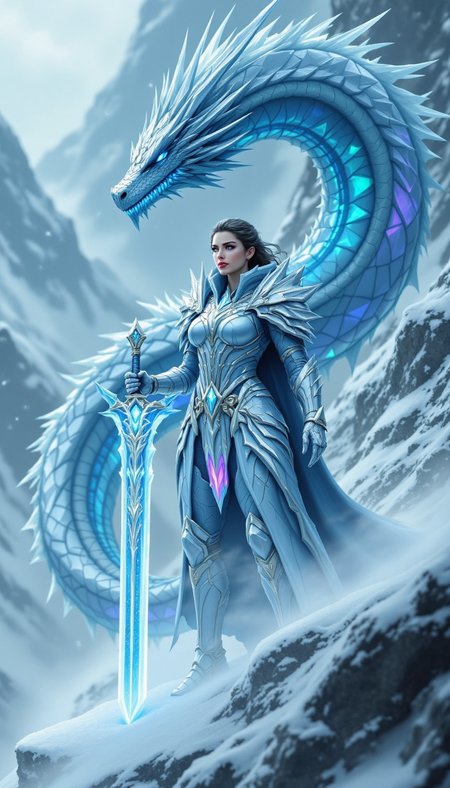 pinkfluxproultrafantasia, 
A warrior woman clad in silvery-blue scale armor, standing firm on a glacier cliff with a massive ice sword embedded in the ground before her. Behind her, a towering ice dragon with scales reflecting rainbow light curls protectively. Snowflakes whip around in a dramatic blizzard.