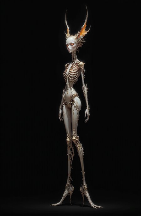 This is a highly detailed CGI rendering of a fictional creature resembling a humanoid alien with a skeletal structure. The creature stands on two long, thin legs with joints clearly visible, giving it an insect-like appearance. Its torso is elongated and narrow, with a ribcage that is prominently defined. The head is uniquely shaped, resembling a long, thin neck with a small, pointed head and large, glowing orange eyes that give it an eerie, intelligent look. The skin is a pale, almost white color, adding to its skeletal appearance. The background is a solid black, which contrasts sharply with the creature, making it the focal point of the image. The lighting is even and soft, highlighting the contours and details of the creature's form without casting harsh shadows. The composition follows the rule of thirds, with the creature positioned slightly off-center, drawing the viewer's eye naturally across the image.
 <lora:DarksunRIDDV3:1> <lora:flux_hyperkraximalism-crazy:0.7>
