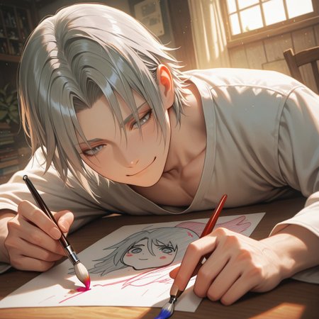 masterpiece, best quality, amazing quality, absurdres, newest, detailed background, definition so sharp, Ultra-HD, 8K cinematic, very awa, impressionate, amazing quality, highres, 
solo, male focus, manly, 
yashiroisana, 1boy, short hair, parted bangs, shiro_pretime, shiro_grey hair, shiro_grey eyes, drawing, focused expression, but with a slight smile, calm, art studio, natural light, paintbrushes, colorful, playful, aesthetic, creative