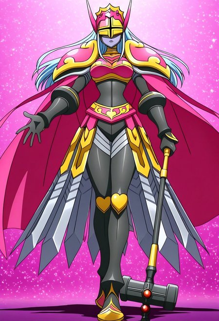 finetuneanime, anime screencap, official art, detailed anime, ultra detailed anime art, anime screencap, screencap, score_9, score_8_up, score_7_up, masterpiece, anime coloring, source_anime, Queen Chessmon, 1girl, armor, long hair, cape, black bodysuit, shoulder armor, colored skin, breastplate, bodysuit, (((large breasts, curvy, wide hips))), narrow waist, digimon \(creature\), high heels, weapon, silver-blue hair, helmet, pauldrons, grey skin, boobplate, heart, gloves, crown, boots, covered eyes, pink cape, full armor, parted lips, ((lipstick, purple lips)), belt, black gloves, spikes, waist cape, faulds, gauntlets, makeup, horns, jewelry, shoulder pads, mask, gold armor, bracelet, skin tight, armored skirt, swords on skirt, high heel boots
BREAK 
Stable_Yogis_PDXL_Positives, fullbody shot, standing, sideview, attacking with weapon, ((1hand holding war hammer, holding weapon, war hammer)), posing, dynamic pose,
