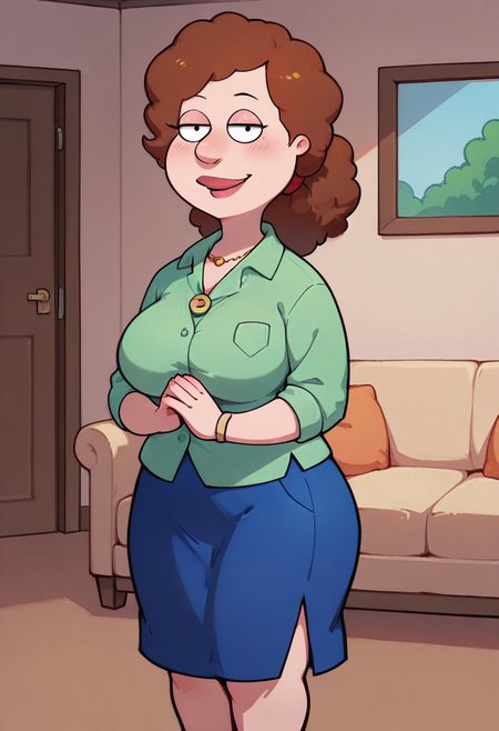 score_9,score_8_up,score_7_up,score_6_up,best quality, 1girl, solo, living room, couch, indoors,
BREAK
unnamed girl, brown hair, black eyes, big nose, (mature female:1.5), (plump:1.2), large breasts, gigantic hips, thick thighs, green sweater, rolled up sleeves, blue skirt, stockings, own hand together, blush, smile, looking at viewer, long skirt, half-closed eyes, necklace,