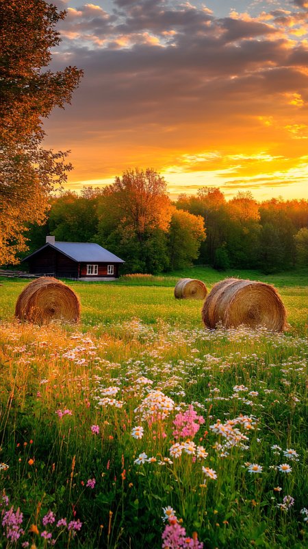 The image depicts a serene rural landscape during sunset. The sky is painted with warm hues of orange, yellow, and a hint of pink, suggesting that the sun is setting. The clouds are scattered, allowing the sunlight to filter through and create a beautiful gradient in the sky.
In the foreground, there is a lush field filled with wildflowers. The flowers are predominantly white with some pink and yellow blooms, adding vibrant splashes of color to the scene. The grass is green and appears to be well-maintained, contributing to the overall sense of tranquility. Scattered throughout the field are several large haystacks, which are golden brown in color. These haystacks are neatly arranged and add a rustic charm to the landscape. In the middle ground, there is a small wooden house with a dark brown exterior and a grey roof. The house is surrounded by a few trees, which are tall and slender, with leaves that are turning golden, indicating the season might be late summer or early autumn. The background is filled with more trees, creating a dense forest that stretches towards the horizon. The trees are a mix of deciduous and coniferous types, adding to the diversity of the landscape. Overall, the image captures a peaceful and idyllic rural scene, with the warm colors of the sunset enhancing the beauty of the natural surroundings. 